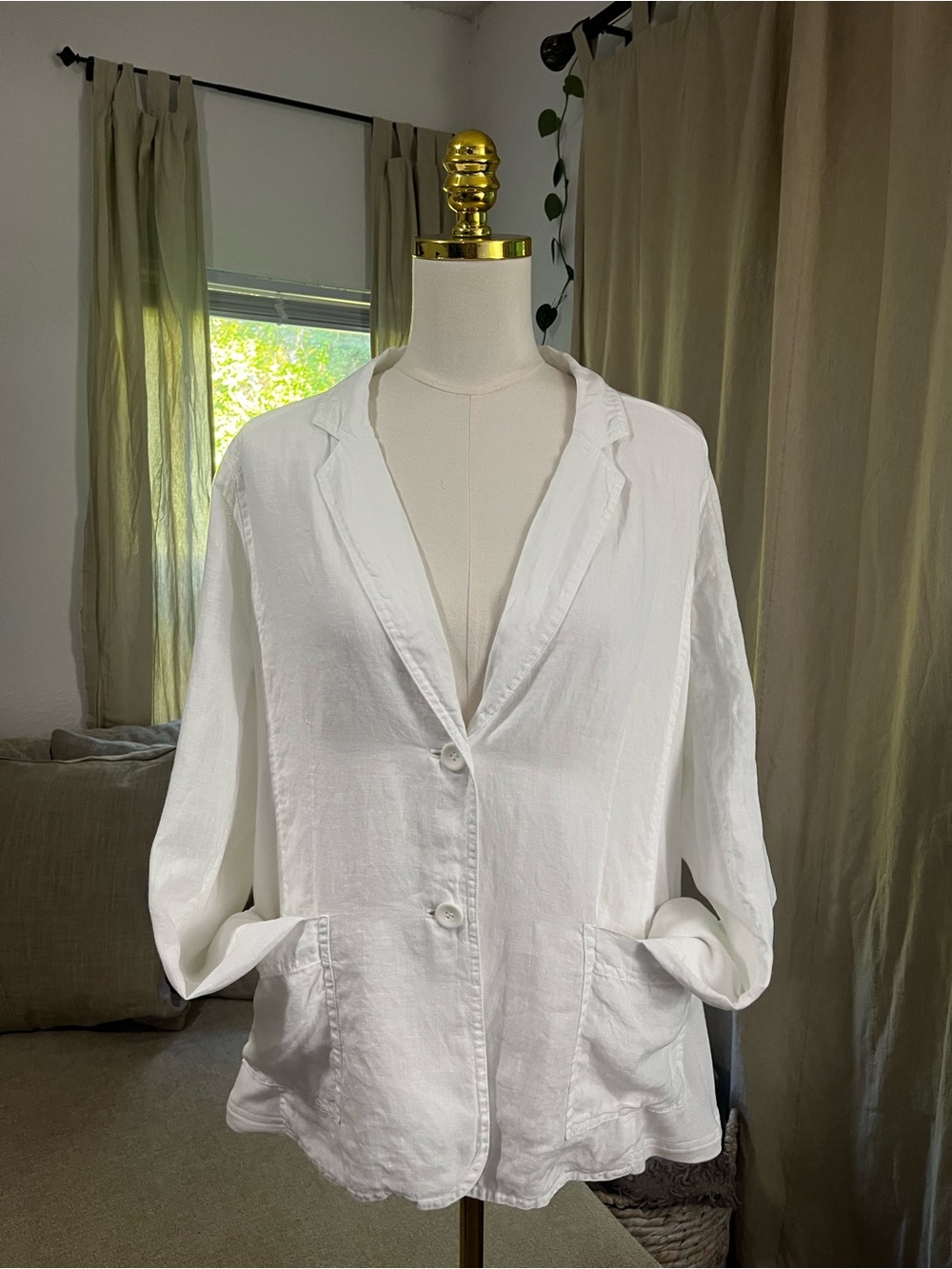 Eileen Fisher Organic Irish Linen Tower Sleeve & Cotton Panel Blazer Large